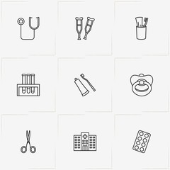 Hospital line icon set with toothpaste with brush, baby pacifier and hospital