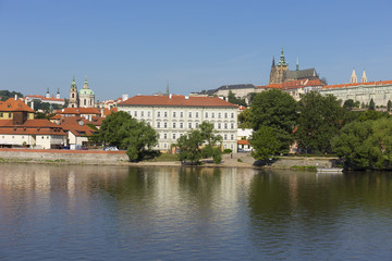 Spring Prague gothic Castle with the Lesser Town above River Vltava in the sunny Day, Czech Republic