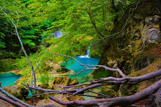 Nacedero del Urredera (the route of the waterfalls of Baquedano or source of the Urederra), in Baquedano, Navarra (Navarre), Spain
