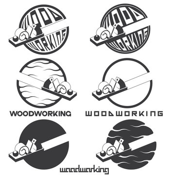 an illustration consisting of an image of a planer plowing a tree and the inscription "woodworking"
