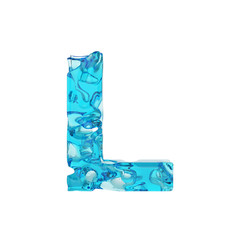 Alphabet letter L uppercase. Liquid font made of fresh blue water. 3D render isolated on white background.
