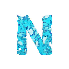 Alphabet letter N uppercase. Liquid font made of fresh blue water. 3D render isolated on white background.