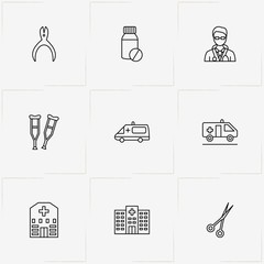 Hospital line icon set with pills, hospital  and crutch