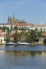 Spring Prague gothic Castle with the Lesser Town above River Vltava in the sunny Day, Czech Republic