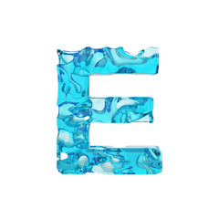 Alphabet letter E uppercase. Liquid font made of fresh blue water. 3D render isolated on white background.