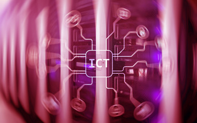 ICT - information and communications technology concept on server room background. 
