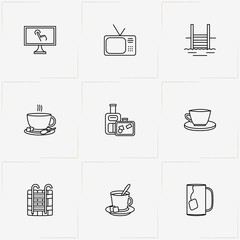 Hotel line icon set with baggage, television and swimming pool ladder