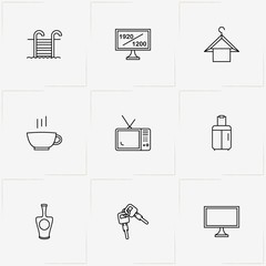 Hotel line icon set with keys , swimming pool ladder and cup of tea