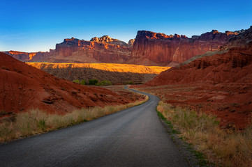 Sunrise on the Capitol Reef Scenic Drive Out of Fruita, Utah. This 21 mile trip heads out of Fruita, Utah and leads to experience some of the reef’s best scenery and to learn more about its geology. 