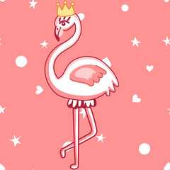 Flamingo fashion pattern. Scandinavian vector illustration. Seamless hand drawn cute queen scandinavian background. Pink summer doodle wedding invitation,birthday,save date,greeting card,baby shower
