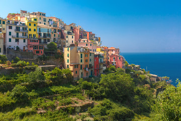 Obraz premium Aerial panoramic view of Corniglia fishing village in Five lands, Cinque Terre National Park, Liguria, Italy.