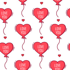 Love pattern with .balloon in the shape of heart on white background. Thin line flat design. Vector banner.