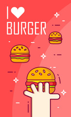 Illustration with hand, heart and burgers on red background. Thin line flat design card. Vector banner. - 208311681
