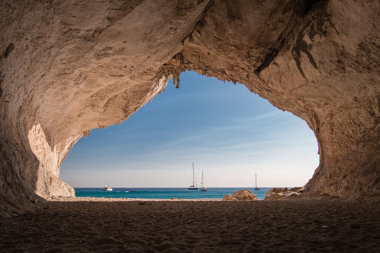 Inside a cave at Cala Luna beach