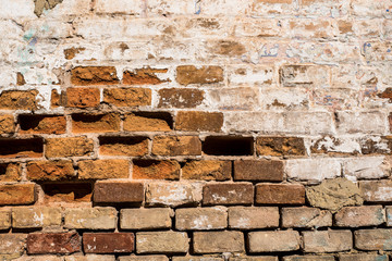 texture of battered, dirty and old brick wall and floor of various colors
