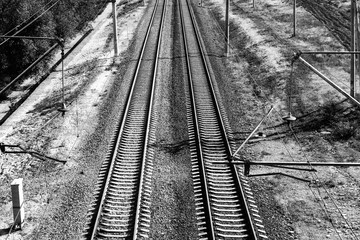 Dramatic old rusty train rails. Concept of life without colors. Disappointment in life. Helping people in difficult situations