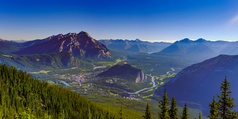 Panorama of Banff Alberta on a sunny day on the top of Sulfur Montain