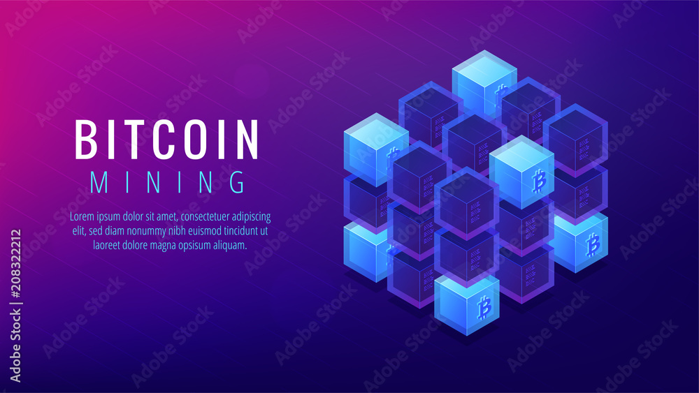 Poster isometric bitcoin mining farm landing page concept. gpu mining farm, cryptocurrency mining community