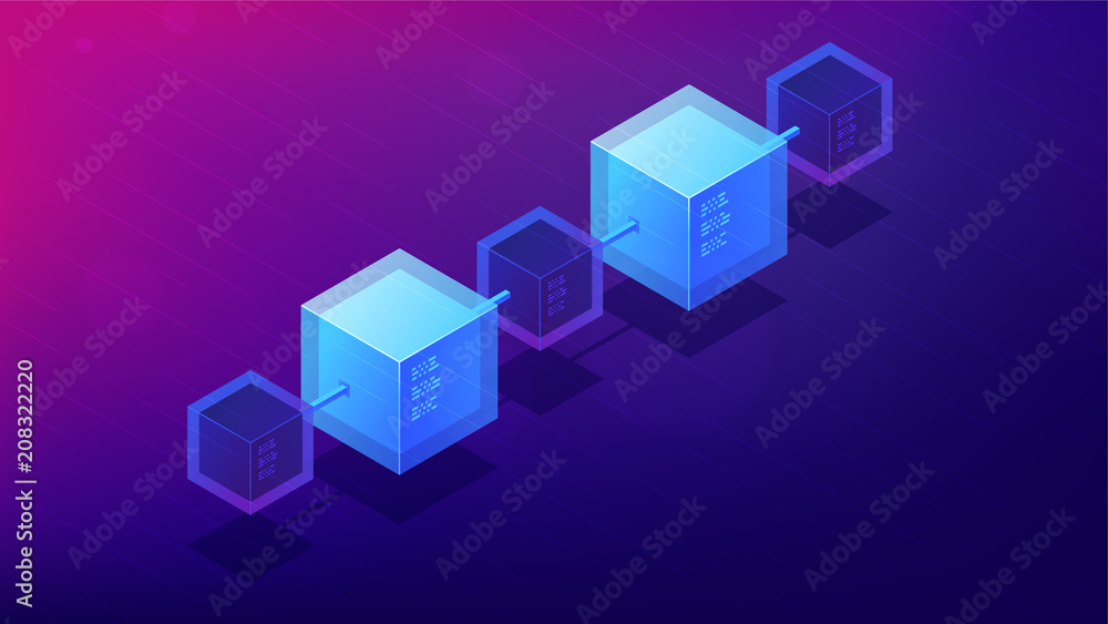 Poster isometric blockchain network architecture concept. computer network, global decentralized system of 