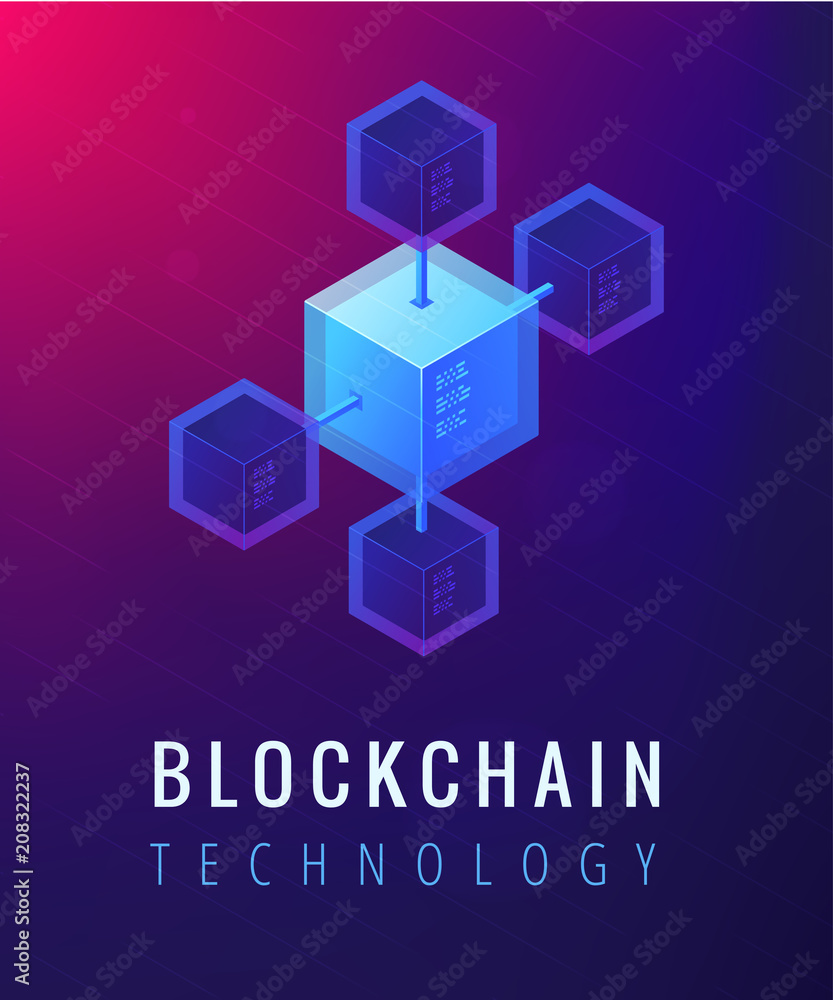 Poster isometric blockchain technology concept. computer network, global cryptocurrency mining and blockcha