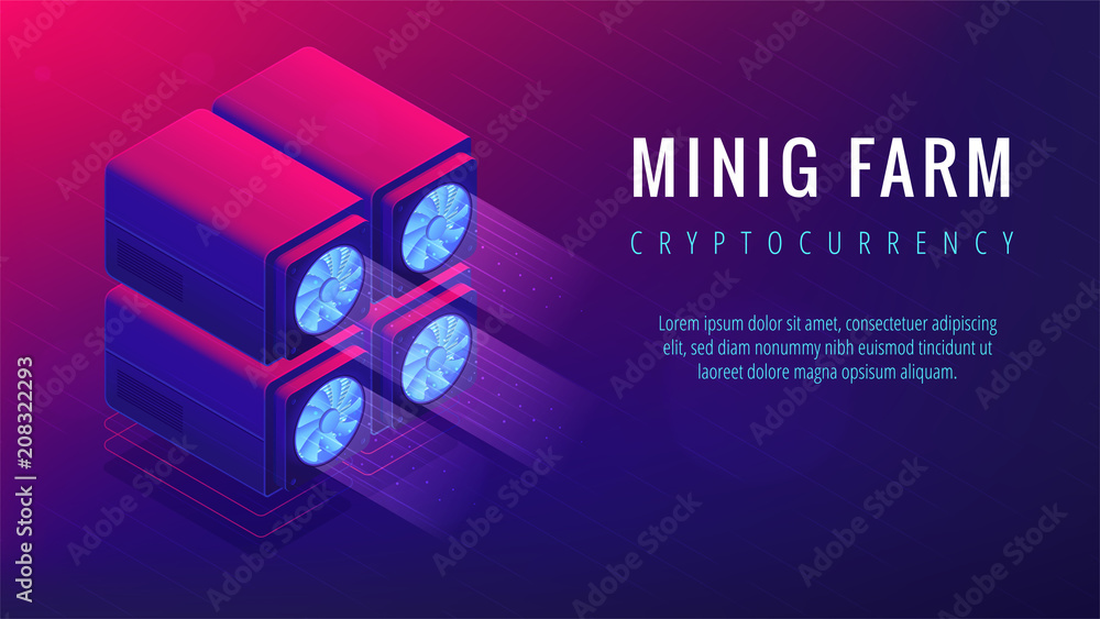 Poster isometric mining farm landing page concept. blockchain server mining farm, cryptocurrency mining con