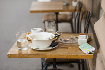 Table after eating with empty plates.