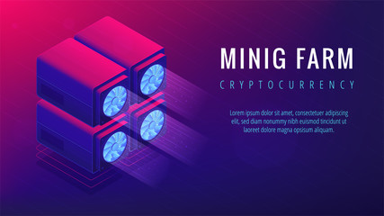 Isometric mining farm landing page concept. Blockchain server mining farm, cryptocurrency mining concept. Processing units on ultra violet background. Vector 3d isometric illustration.