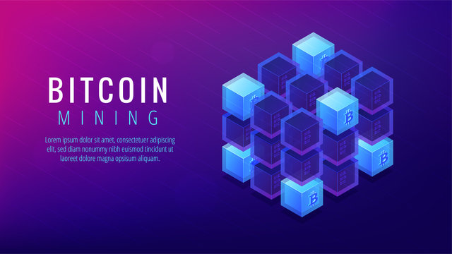 Isometric bitcoin mining farm landing page concept. GPU mining farm, cryptocurrency mining community. Bitcoin miner hardware and software on ultra violet background. Vector 3d isometric illustration.