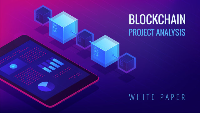Isometric blockchain project analysis and white paper landing page concept. Blockchain fintech, global cryptocurrency economy illustration on ultra violet background. Vector 3d isometric illustration.