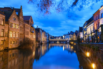 Winter in medieval Belgian city Ghent decorated for Christmas - one of the most attractive touristic places in Europe
