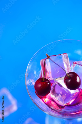 Cherry Cocktail Close Up Martini Glass With Ice Cubes And