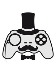 sir herr gentlemen mustache schnurrbart zylinder monokel brille hut reich retro spielen joystick controller tasten knüppel steuerung cool logo design pro gamer