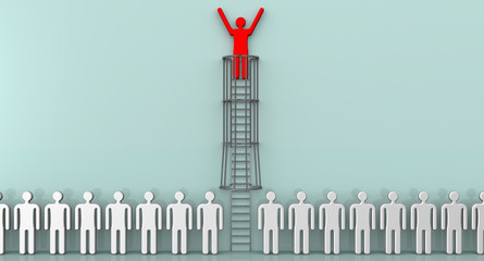 Career ladder. Concept. The red symbol of a man on the staircase rises above the row of whites. Isolated. 3D Illustration