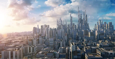 Wandaufkleber 3D-Rendering futuristisches Konzept Stadtlandschaft Skyline. © jamesteohart