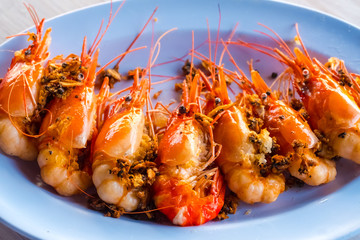 Grilled prawns in plate  ,Grilled River prawns, Asia.