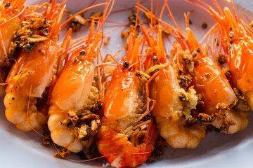 Grilled prawns in plate  ,Grilled River prawns, Asia.