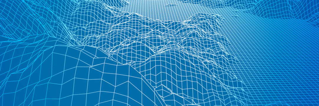 Digital landscape with mountains or hills made of line grid