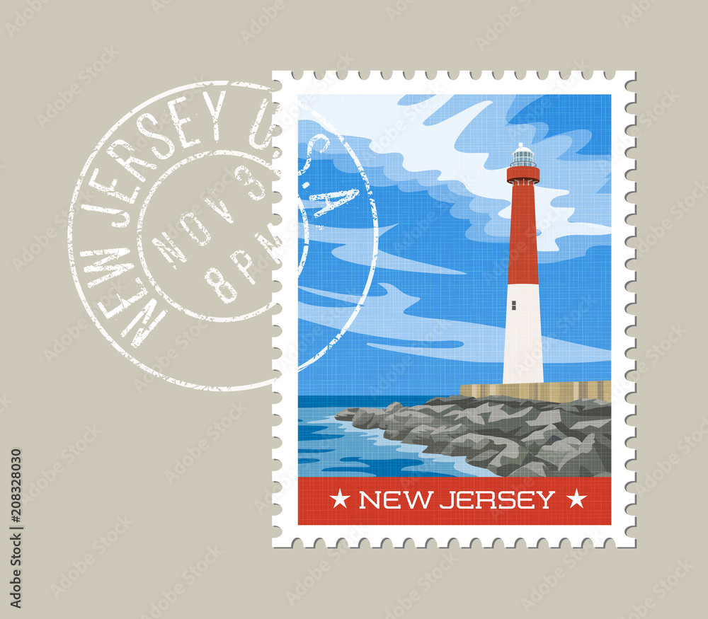 Wall mural New Jersey  postage stamp design. Vector illustration of historic lighthouse on the Atlantic coast. Grunge postmark on separate layer. - Wall murals