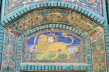 Sun and lion, Qajar dynasty emblem sign, Entrance portal decoration, Moaven al-molk Tekyeh,...