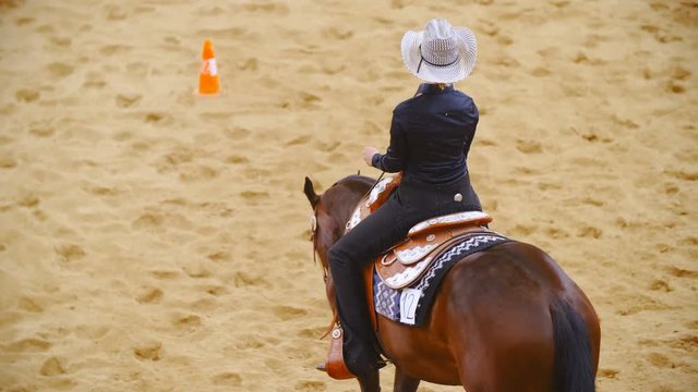 Woman spin horse on rear legs in slow motion 4K. Long shot of horse rider in focus doing professional maneuvers inside the riding arena. Cowgirl style western riding.