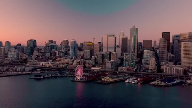 aerial seattle city in golden hour