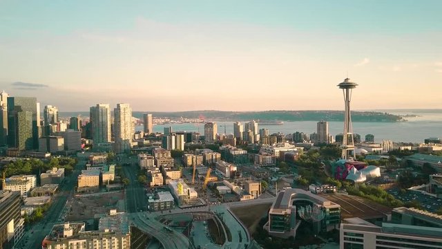 seattle aerial city at sunset