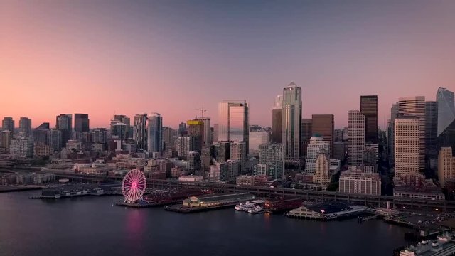 aerial seattle city in golden hour