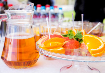 juice and fruit platter on the buffet table