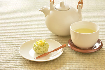 緑茶　和菓子  畳背景

