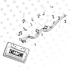 simple sketch of classic audio cassette and partiture, halftone