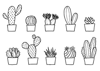 サボテンのイラストセット（モノクロ）