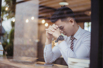 Business man working at office with laptop and documents on his desk, consultant lawyer concept, Business man working at Cafe with laptop.