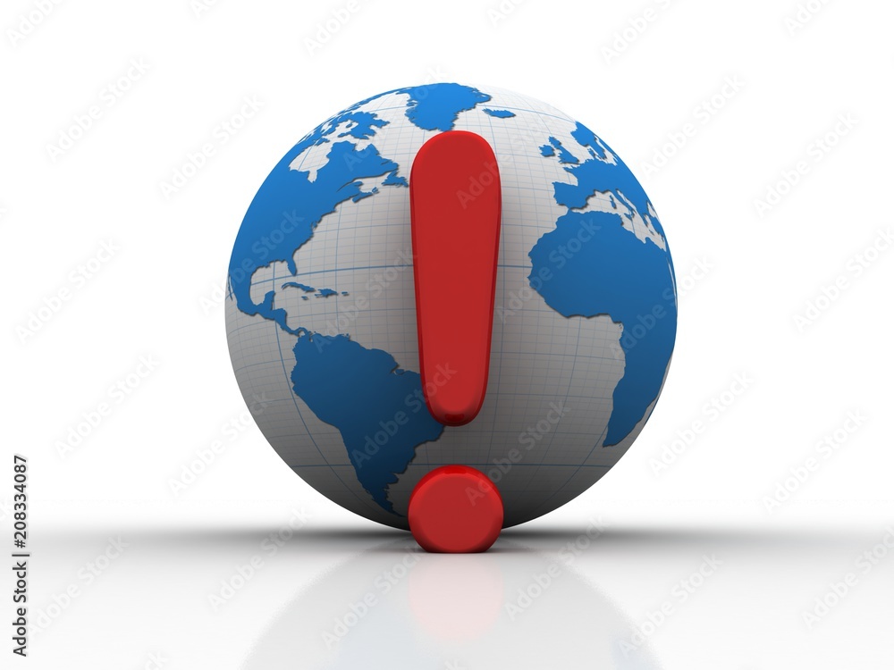 Poster 3d rendering exclamation mark and globe