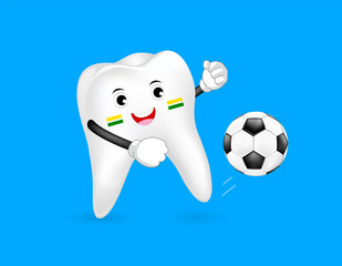 Cute cartoon tooth as football player. Soccer ball, mascot character, sport concept. Illustration isolated on blue background.